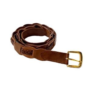 Vintage 90s Woven Leather Belt Made in Italy Brass Buckle Boho Chic Y2K Brown Lg